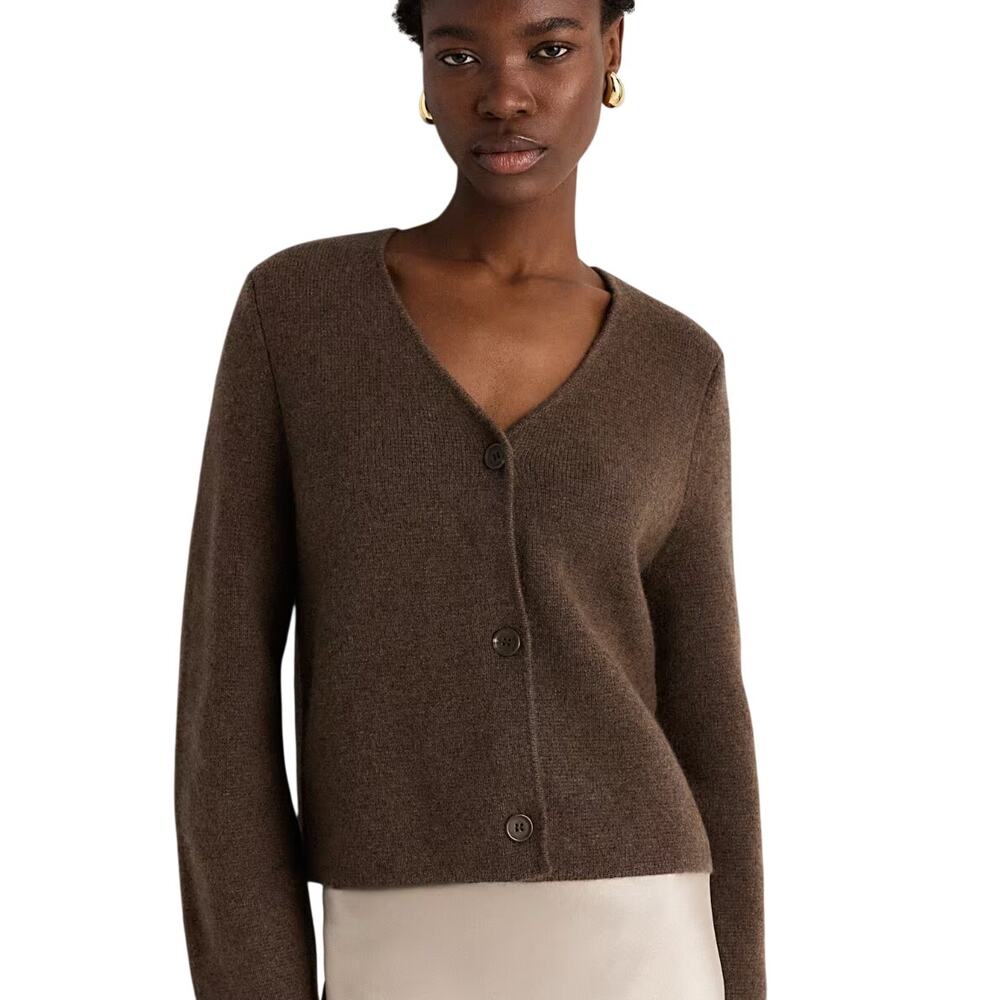 EUC Quince Women's M Mongolian Cashmere Structured Brown V-Neck Cardigan Sweater